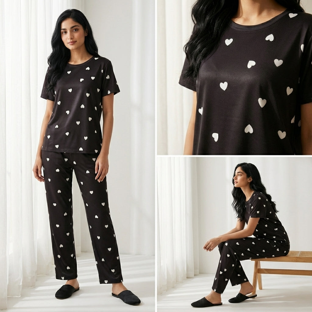 Black Heart Print Sleepwear Set – Soft Comfortable Night Suit Pakistan