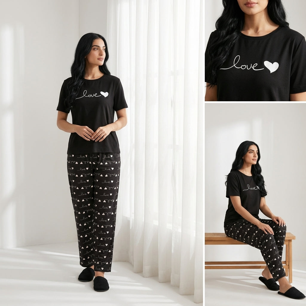 Napster Love Print Black Sleepwear Set for Women – Soft Night Suit & Pajama Set Pakistan