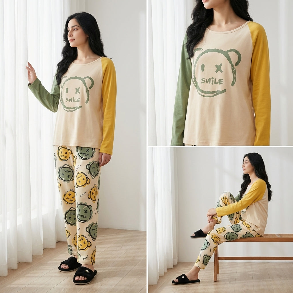 Napster Smile Print Women’s Sleepwear Set – Soft Full Sleeve Night Suit Pajama Set Pakistan
