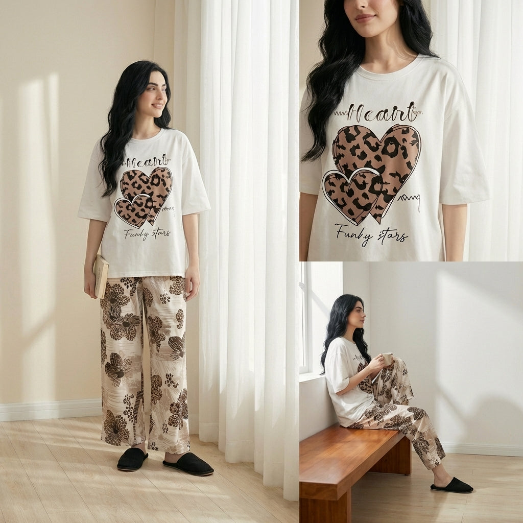 Napster Heart Print Women’s Sleepwear Set – Soft White T-Shirt & Floral Pajama Night Suit Pakistan