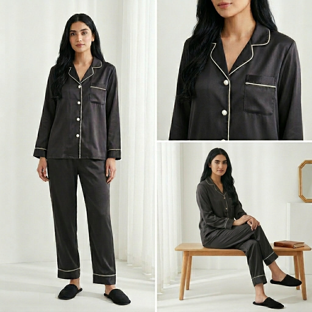 Napster Classic Black Satin Women’s Sleepwear Set – Luxury Button-Down Night Suit Pajama Set Pakistan