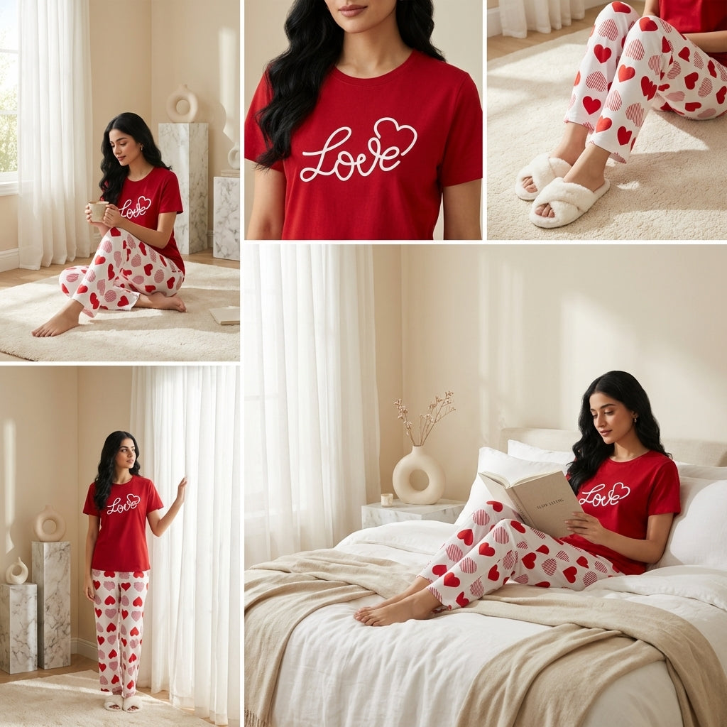 Women’s Red Love Heart Sleepwear Set – Soft short Sleeve Night Suit