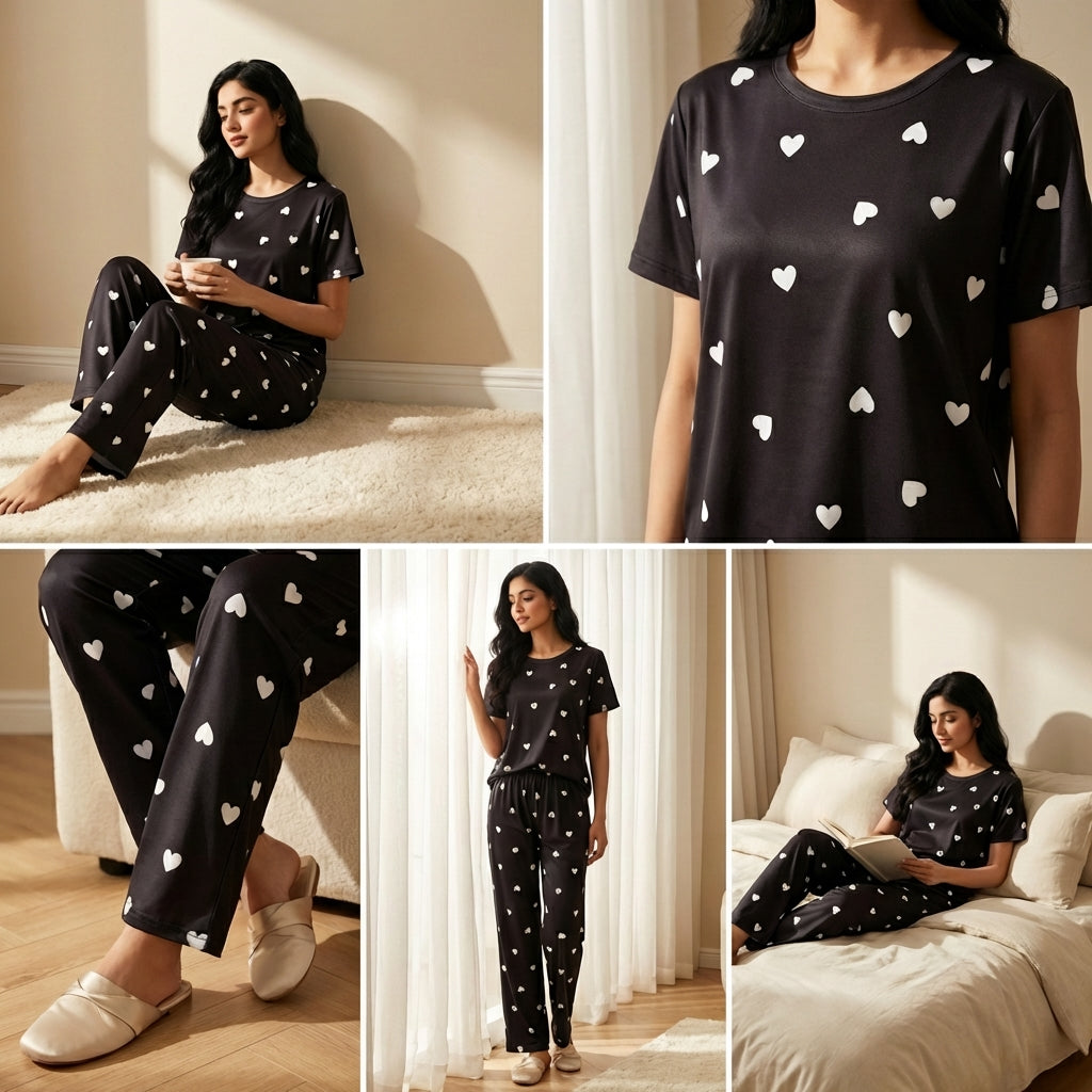 Black Heart Print Sleepwear Set – Soft Comfortable Night Suit Pakistan