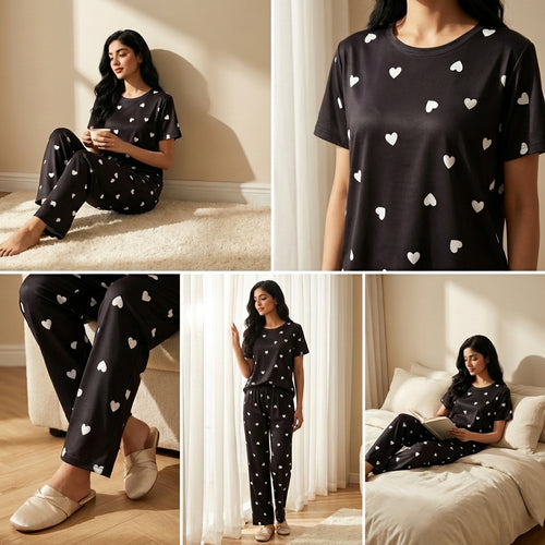 Black Heart Print Sleepwear Set – Soft Comfortable Night Suit Pakistan