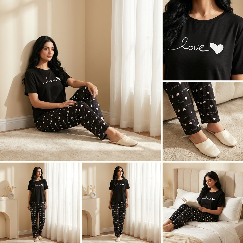 Napster Love Print Black Sleepwear Set for Women – Soft Night Suit & Pajama Set Pakistan