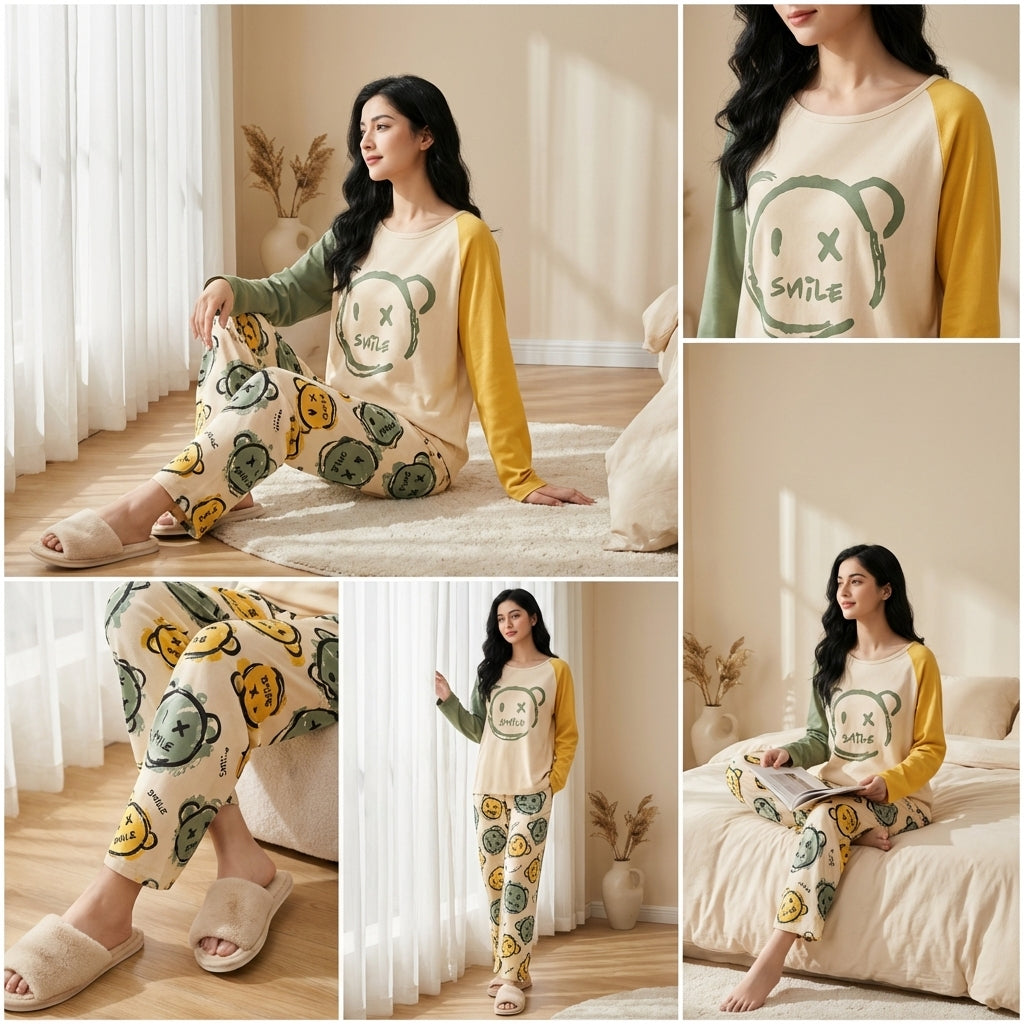 Napster Smile Print Women’s Sleepwear Set – Soft Full Sleeve Night Suit Pajama Set Pakistan