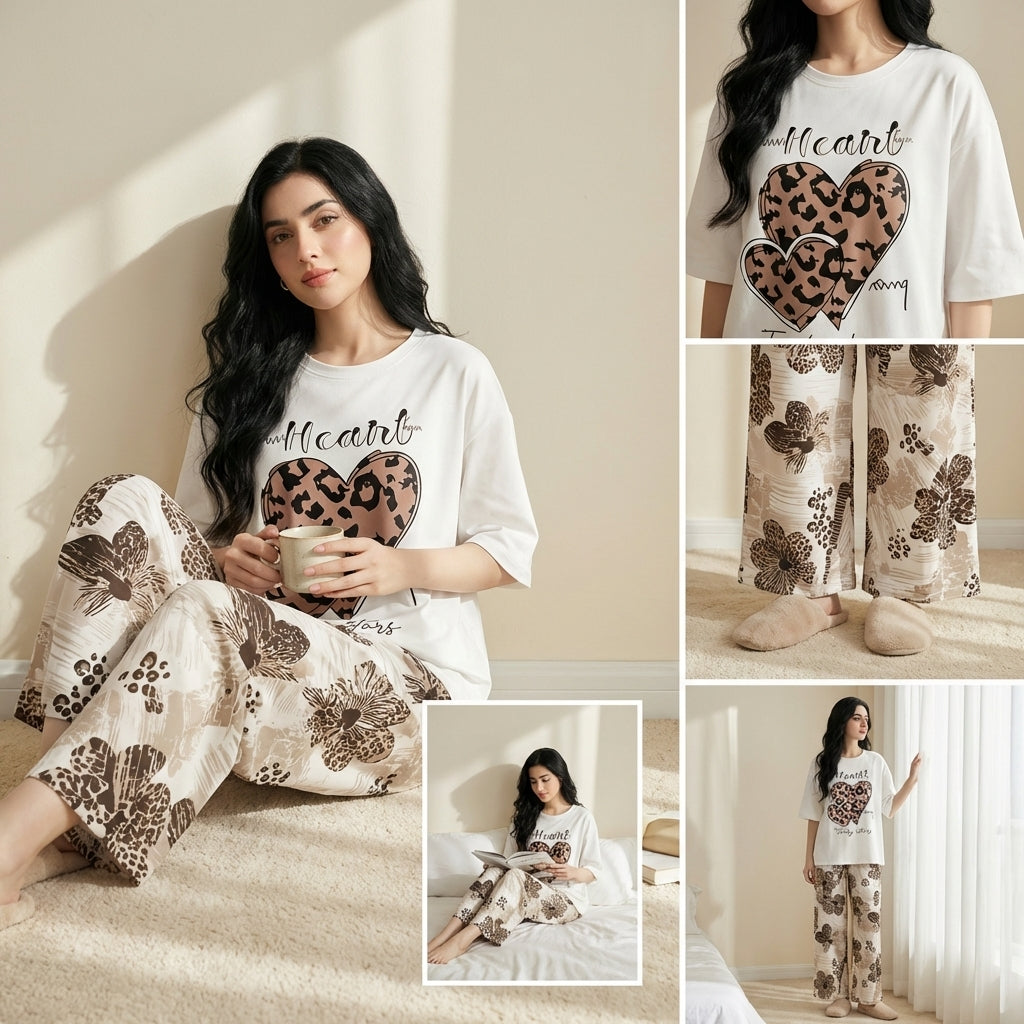 Napster Heart Print Women’s Sleepwear Set – Soft White T-Shirt & Floral Pajama Night Suit Pakistan