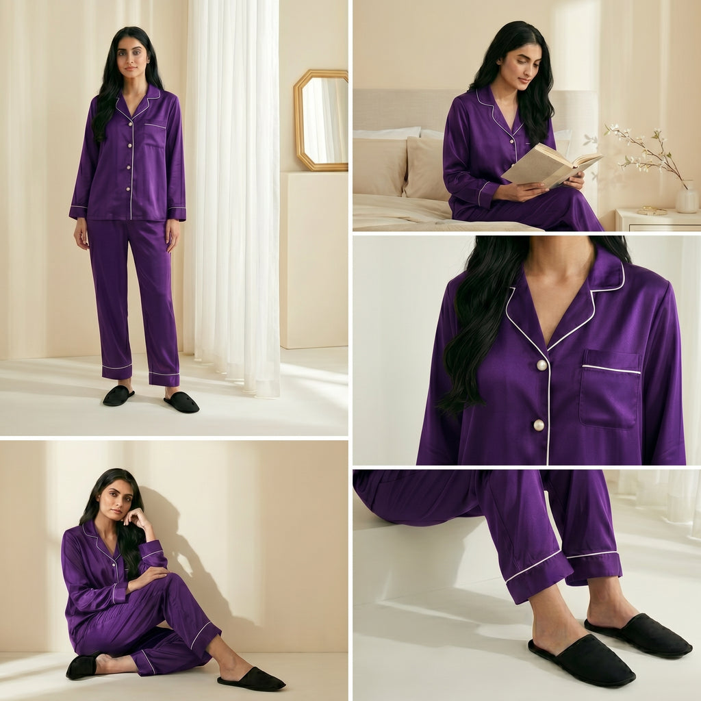 Napster Classic Purple Satin Women’s Sleepwear Set – Luxury Button-Down Night Suit Pajama Set Pakistan