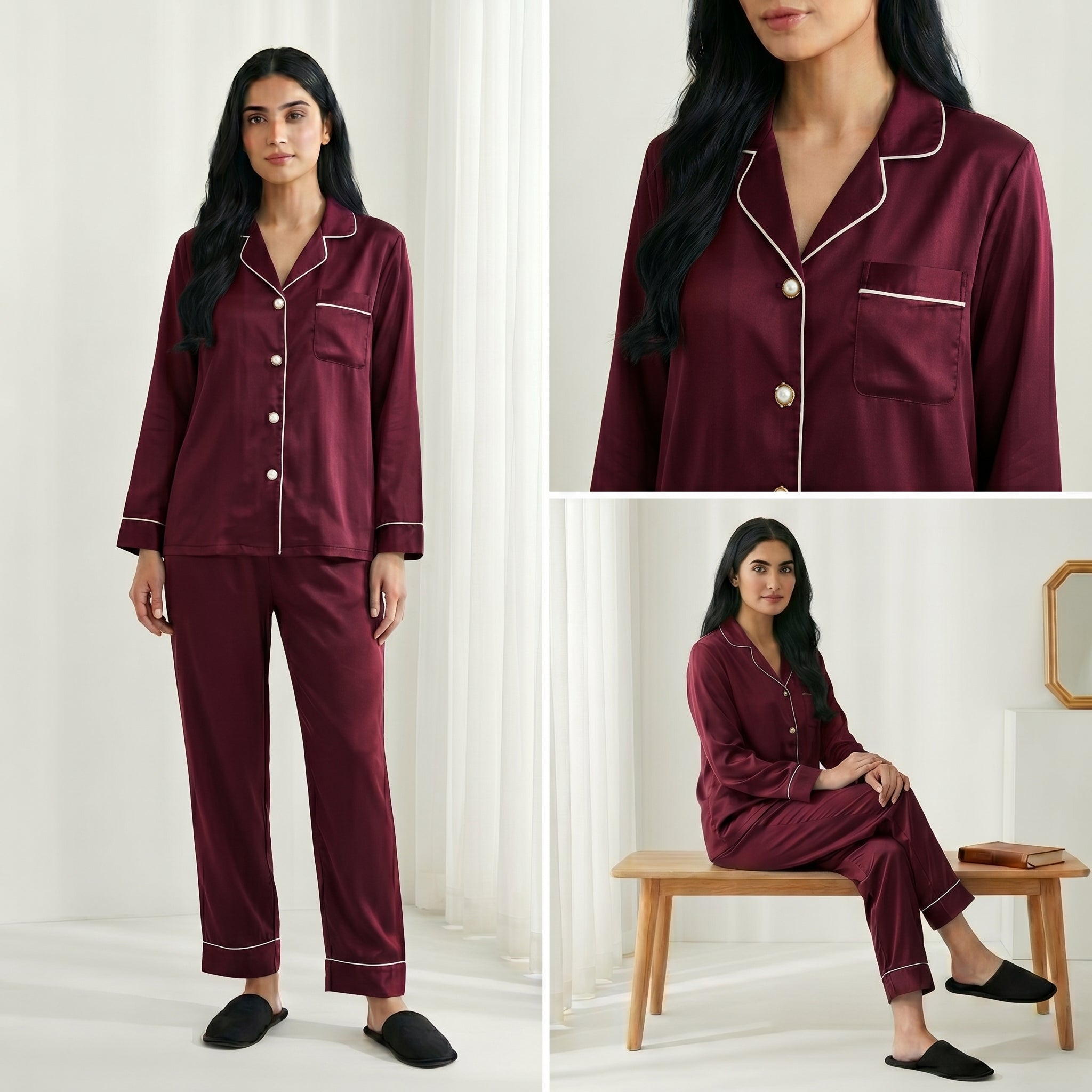 Napster Classic Maroon Satin Women’s Sleepwear Set – Luxury Button-Down Night Suit Pajama Set Pakistan
