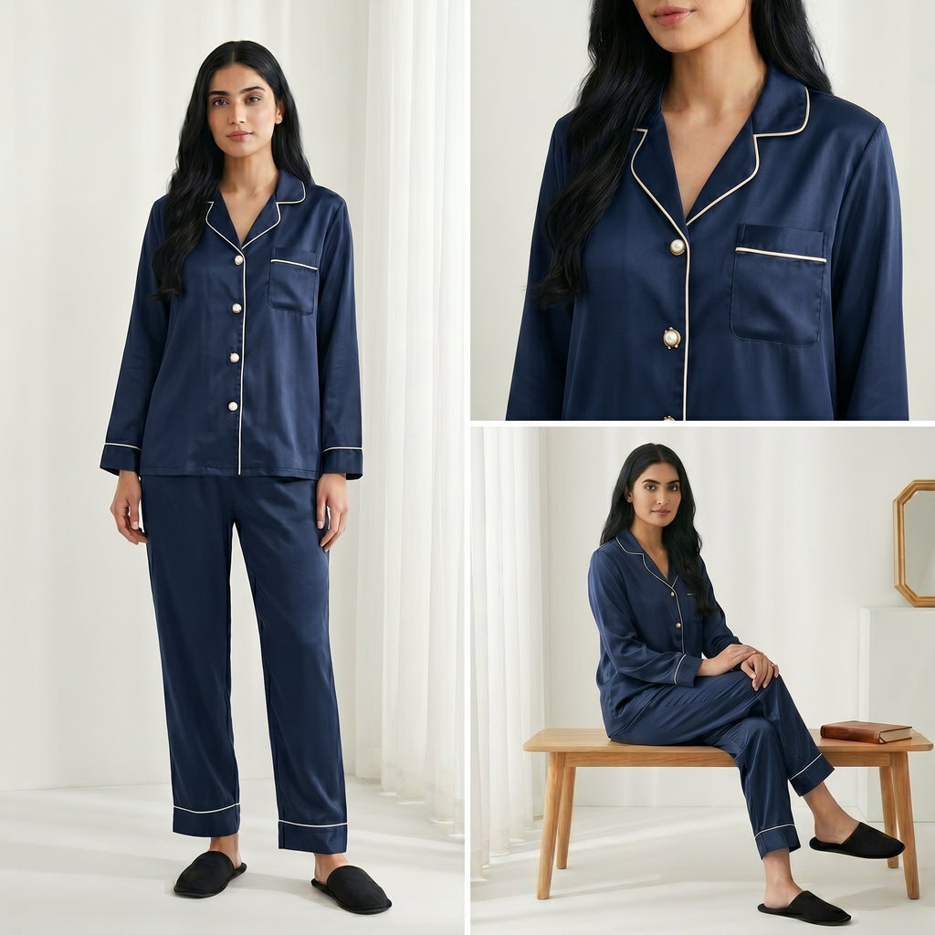 Napster Classic Navy Satin Women’s Sleepwear Set – Luxury Button-Down Night Suit Pajama Set Pakistan