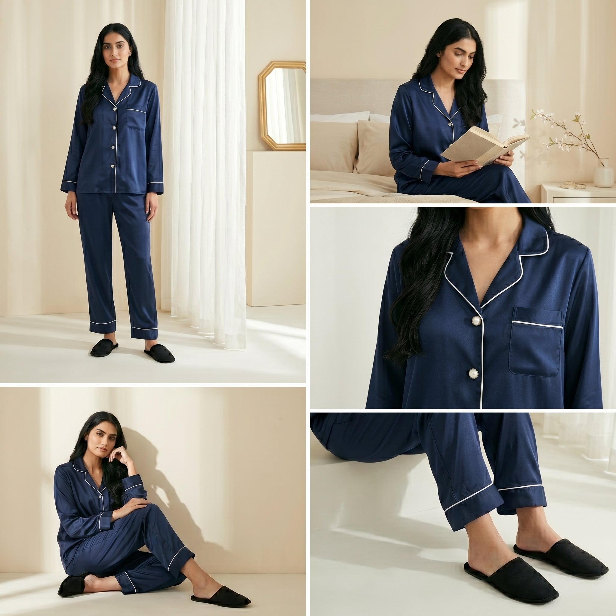 Napster Classic Navy Satin Women’s Sleepwear Set – Luxury Button-Down Night Suit Pajama Set Pakistan