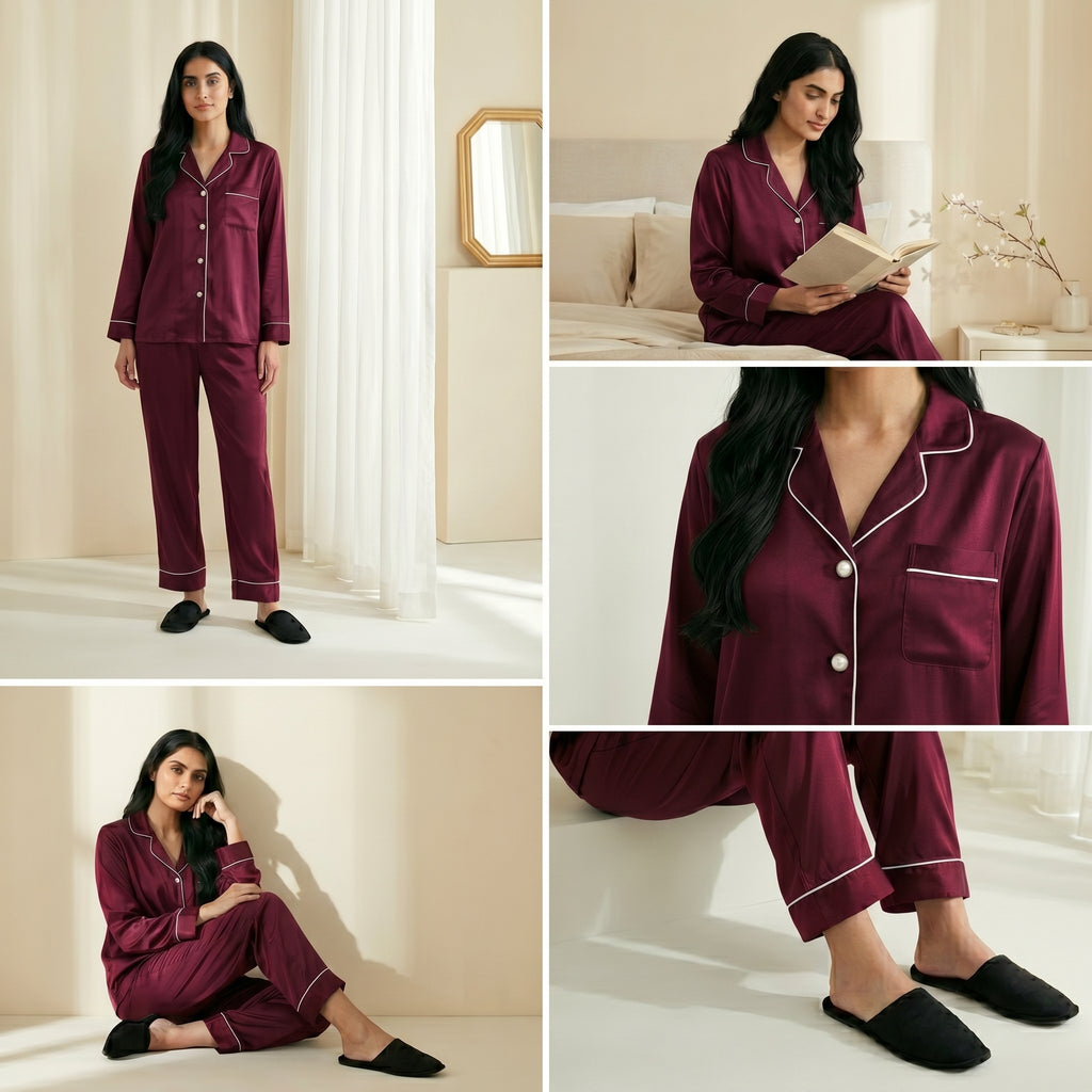 Napster Classic Maroon Satin Women’s Sleepwear Set – Luxury Button-Down Night Suit Pajama Set Pakistan