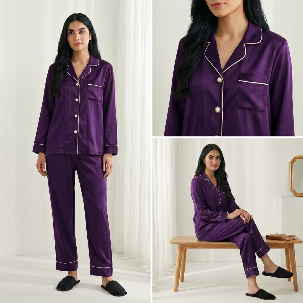 Napster Classic Purple Satin Women’s Sleepwear Set – Luxury Button-Down Night Suit Pajama Set Pakistan