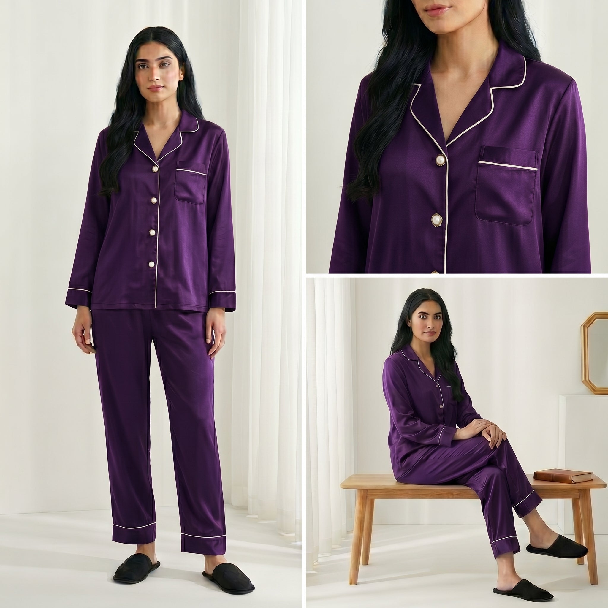 Napster Classic Purple Satin Women’s Sleepwear Set – Luxury Button-Down Night Suit Pajama Set Pakistan