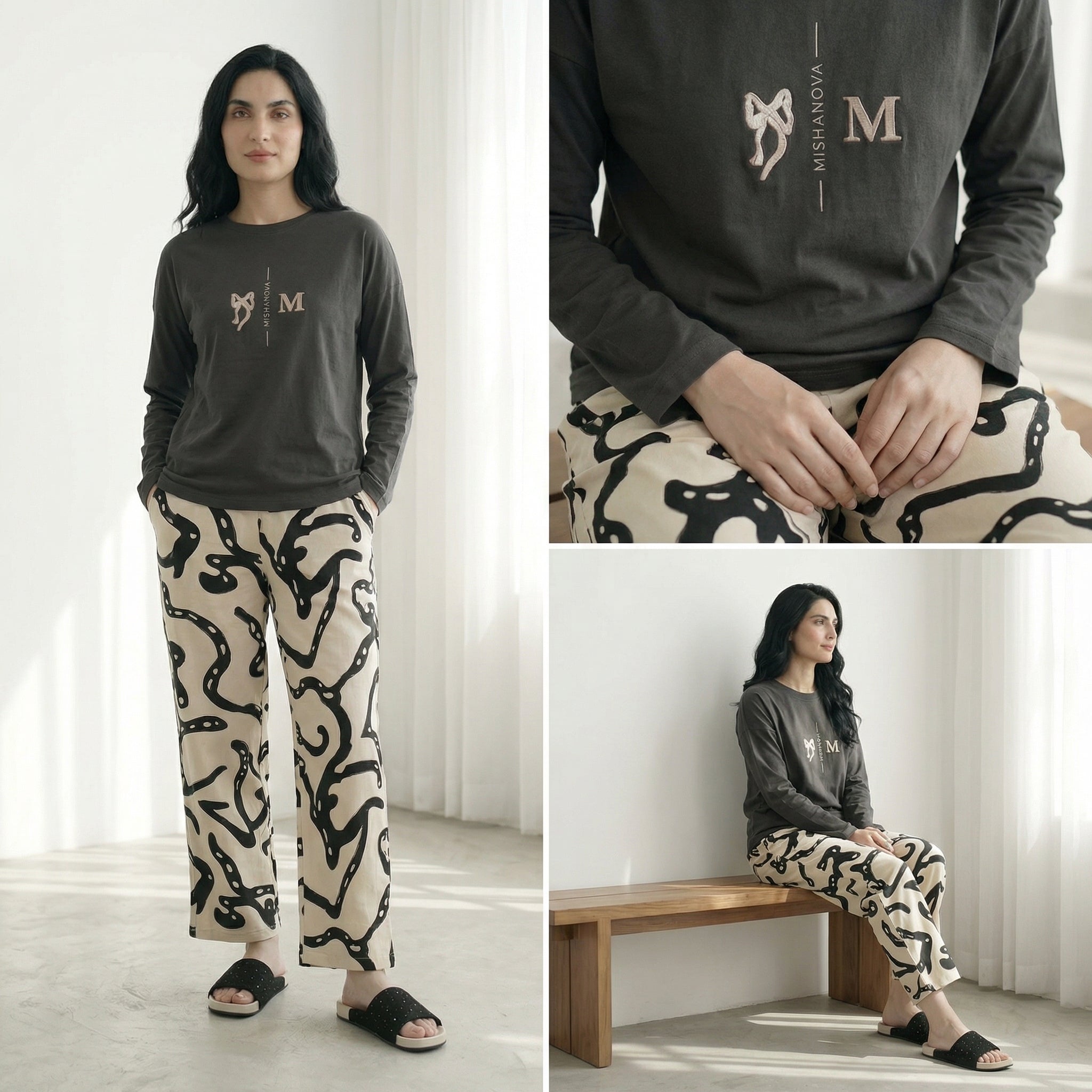 Napster Black Bow Print Women’s Sleepwear Set – Soft Full Sleeve Night Suit Pakistan