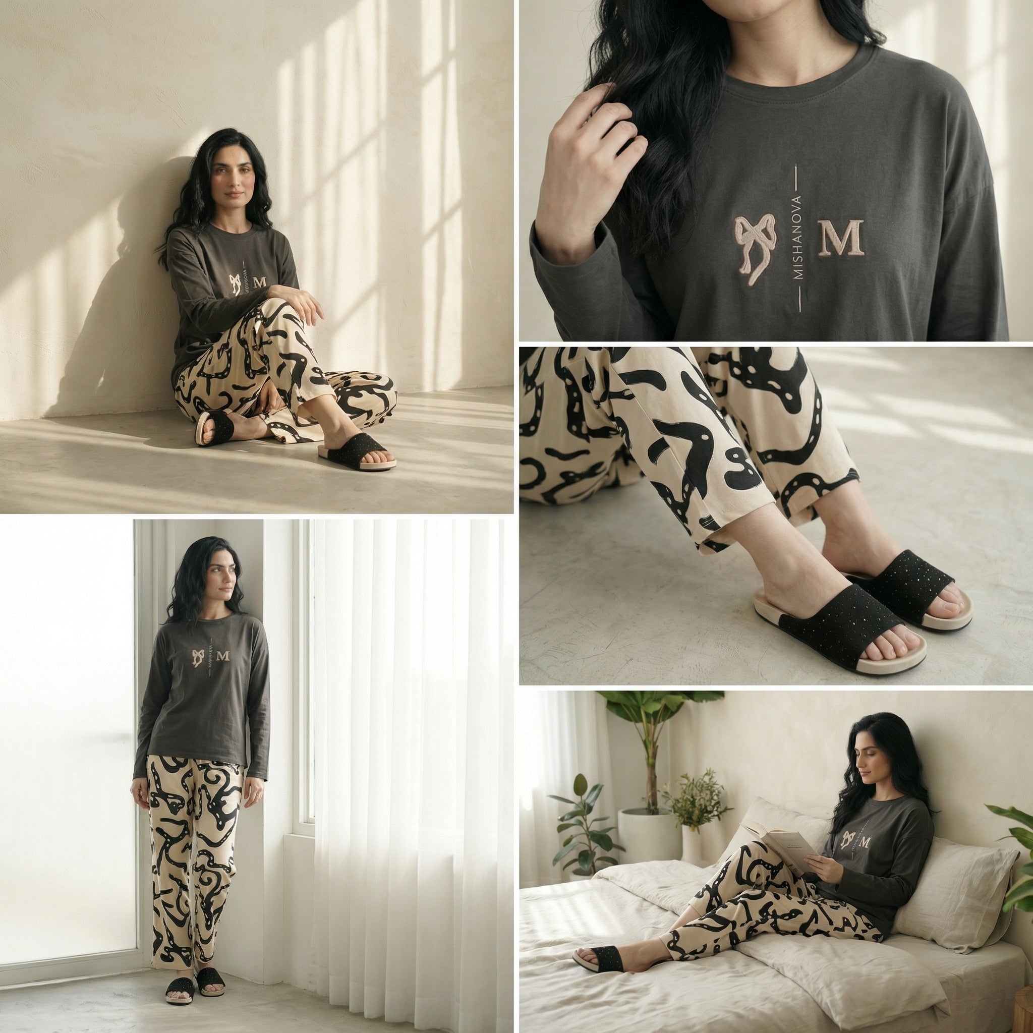 Napster Black Bow Print Women’s Sleepwear Set – Soft Full Sleeve Night Suit Pakistan