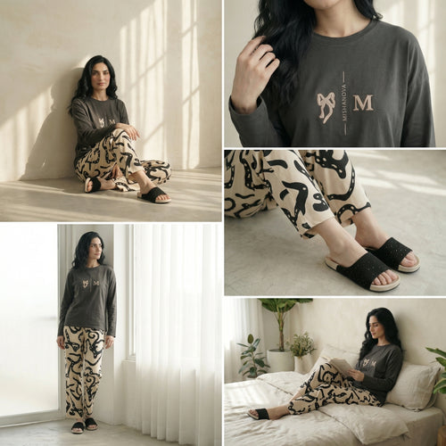 Napster Black Bow Print Women’s Sleepwear Set – Soft Full Sleeve Night Suit Pakistan