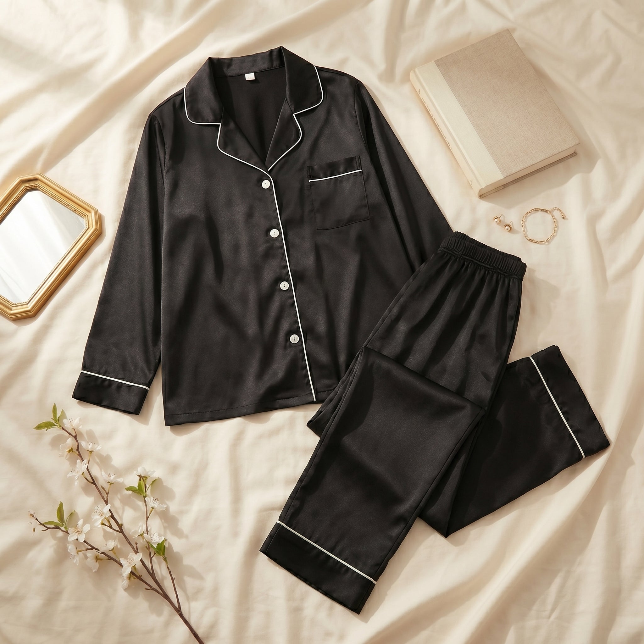 Napster Classic Black Satin Women’s Sleepwear Set – Luxury Button-Down Night Suit Pajama Set Pakistan