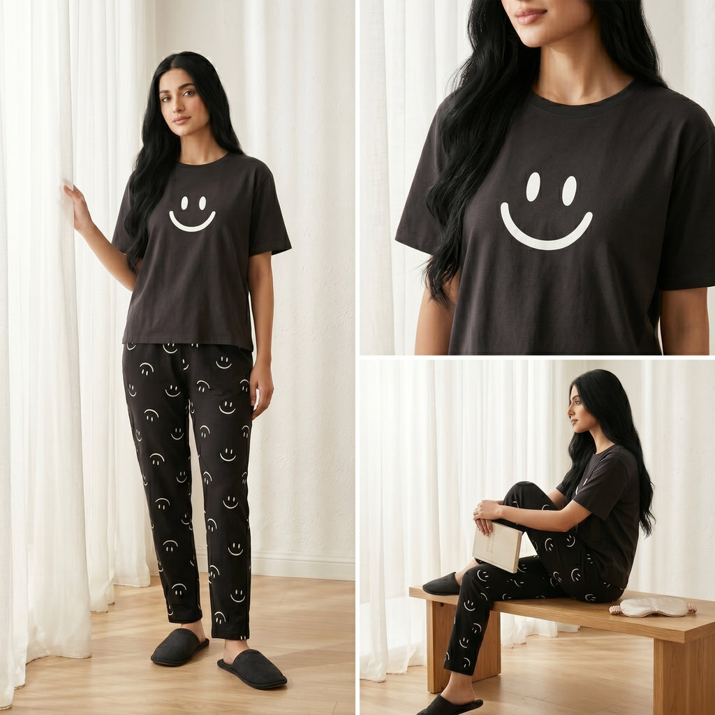 Napster Smiley Print Women’s Sleepwear Set – Black Night Suit Pajama Set Pakistan