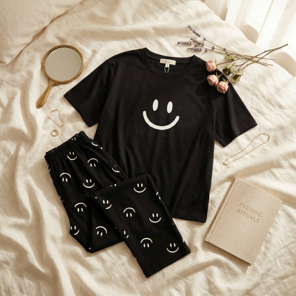 Napster Smiley Print Women’s Sleepwear Set – Black Night Suit Pajama Set Pakistan